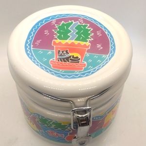 Vintage 80s canister jar with cat and plant motif